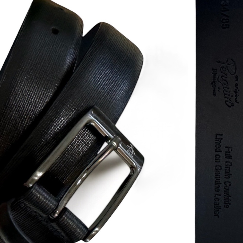 Original Penguin Full Grain Cowhide Lined on Genuine Leather Black Belt 34/85